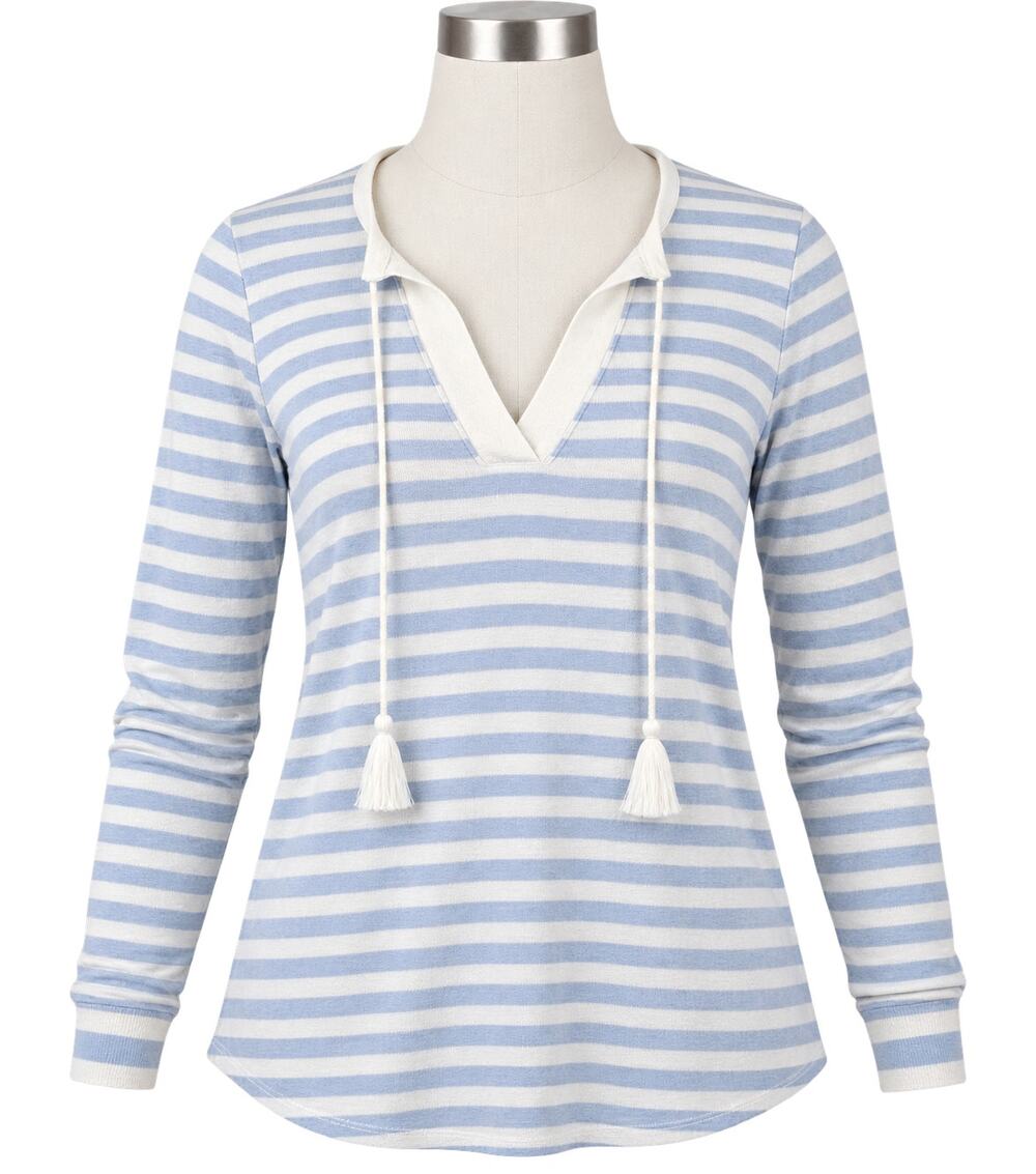 LOFT Blue White Striped Tassel Tie V-Neck Long Sleeve Top - Size XS
